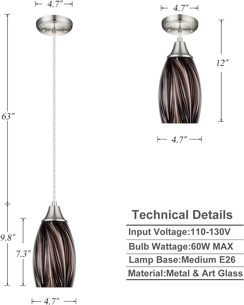 karyfine Mini Pendant Lights Kitchen Island,Blown Art Glass Pendant Light Fixtures with Brush Nickel Finish Coffee Brown Hanging Lamp Shade for Kitchen Over Sink,Hallway,Bathroom Dining Room - Image 2